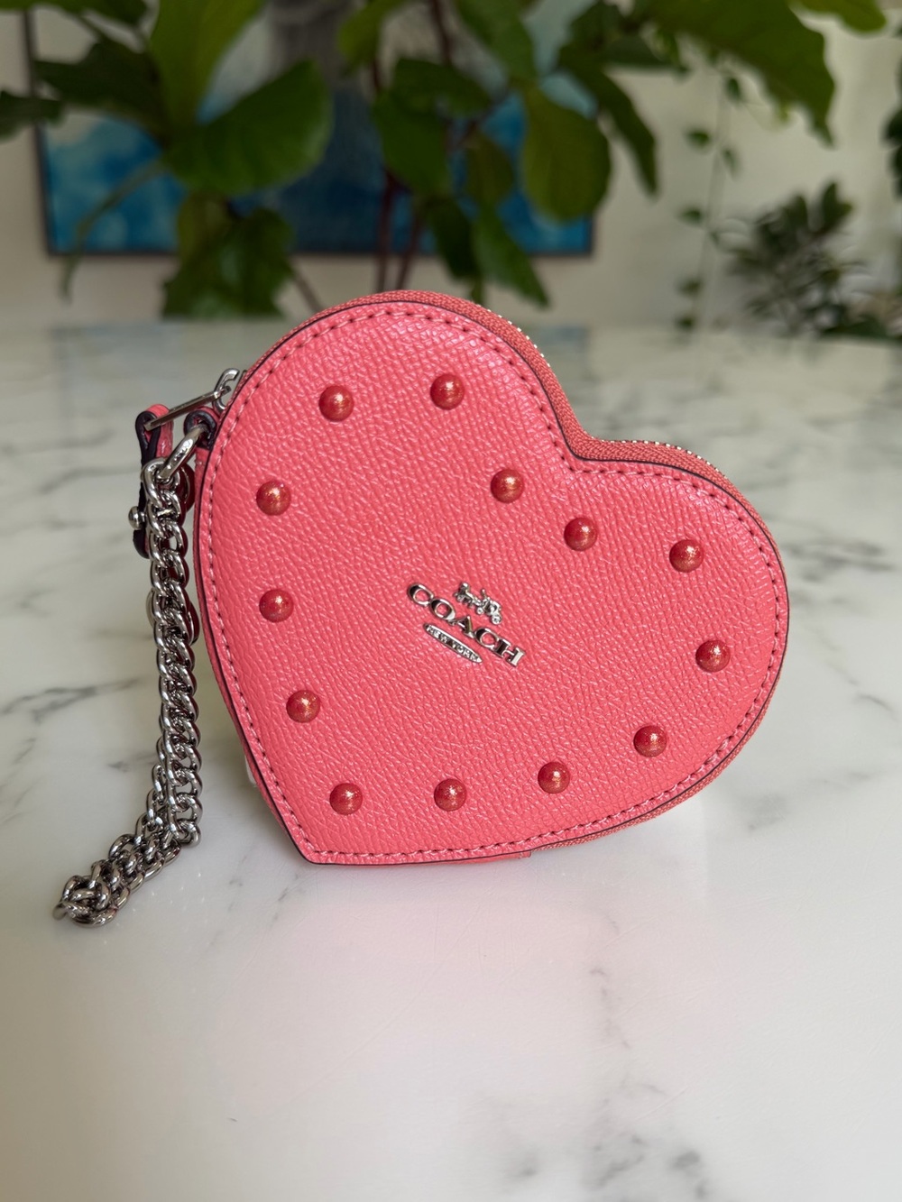 Coach Heart Coin Case with Studs Coral Leather Silver Chain Wristlet F55620